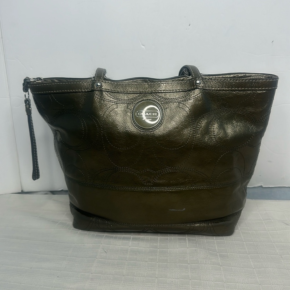 Coach Signature Green Patent Leather Logo Top Handle Zipper Tote Shoulder Bag